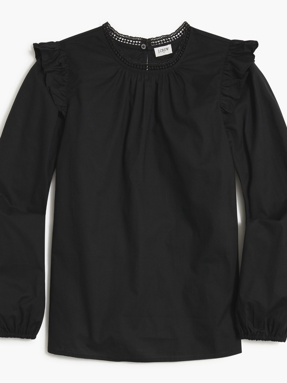 J. Crew Women’s Black Ruffle-Shoulder Trim Long Sleeve Poplin Top Crochet L